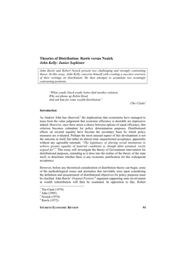 Theories of Distribution: Rawls Versus Nozick John Kelly- Junior Sophister