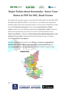 Major Points About Karnataka - Know Your States in PDF for SSC, Bank Exams