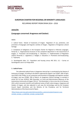 European Charter for Regional Or Minority Languages Recurring Report from Spain 2014 – 2016