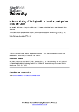 Is Futsal Kicking Off in England? : a Baseline Participation Study of Futsal
