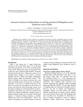 Seasonal Variation of Ichthyofauna in Trawling Grounds Off Mangaluru Coast, Southwest Coast of India