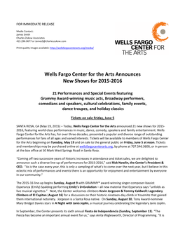 Wells Fargo Center for the Arts Announces New Shows for 2015-2016