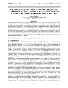 PARASITIC INSECTS and MITES AS POTENTIAL BIOCONTROL AGENTS for a DEVASTIVE PEST of TOMATO, Tuta Absoluta Meyrick (LEPIDOPTERA: GELECHIIDAE) in the WORLD: a REVIEW