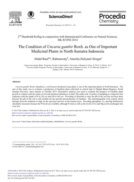 The Condition of Uncaria Gambir Roxb. As One of Important Medicinal Plants in North Sumatra Indonesia