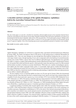 A Checklist and Host Catalogue of the Aphids (Hemiptera: Aphididae) Held in the Australian National Insect Collection