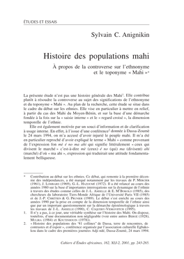 Histoire Des Populations Mahi A` Propos De La Controverse Sur L’Ethnonyme Et Le Toponyme « Mahi »*