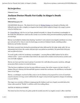 Jackson Doctor Pleads Not Guilty in Singer's Death