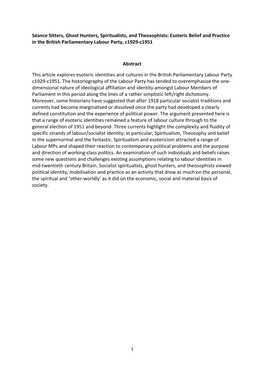 Séance Sitters, Ghost Hunters, Spiritualists, and Theosophists: Esoteric Belief and Practice in the British Parliamentary Labour Party, C1929-C1951