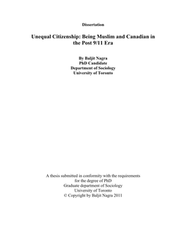 Unequal Citizenship: Being Muslim and Canadian in the Post 9/11 Era