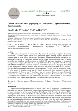 Global Diversity and Phylogeny of Fuscoporia (Hymenochaetales, Basidiomycota) Article