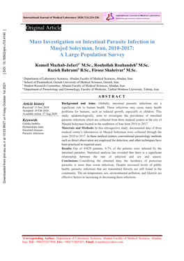 Mass Investigation on Intestinal Parasite Infection in Masjed Soleyman, Iran, 2010-2017: a Large Population Survey