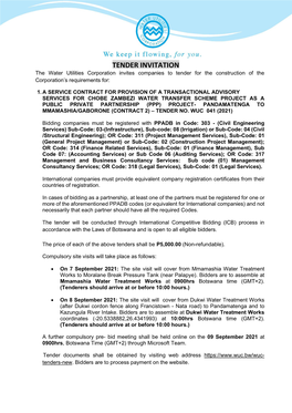 TENDER INVITATION the Water Utilities Corporation Invites Companies to Tender for the Construction of the Corporation’S Requirements For