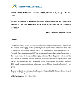 Ex-Post Evaluation of the Socio-Economic Consequences of the Integration Project of the São Francisco River with Watersheds of the Northern Northeast