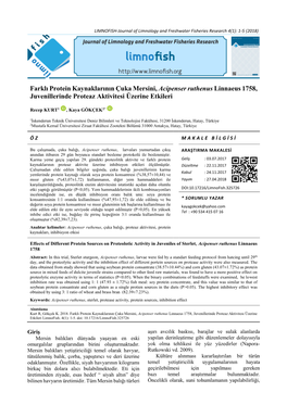 Farklı Protein Kaynaklarının Çuka Mersini, Acipenser Ruthenus Linnaeus 1758, Juvenillerinde Proteaz Aktivitesi Üzerine Etkileri
