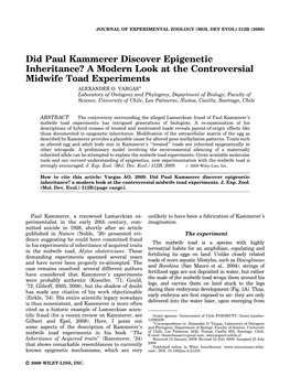 Did Paul Kammerer Discover Epigenetic Inheritance? a Modern Look at the Controversial Midwife Toad Experiments ALEXANDER O