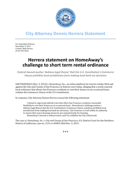 Herrera Statement on Homeaway's Challenge to Short Term Rental