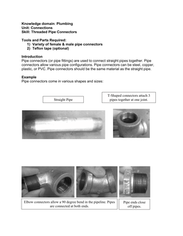 Plumbing Unit: Connections Skill: Threaded Pipe Connectors Tools