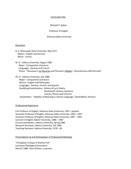 Curriculum Vita Michael P. Spikes Professor of English Arkansas State University Education B. A. Mississippi State University, M