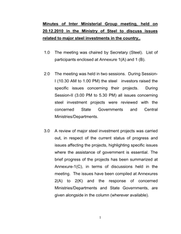 Minutes of Inter Ministerial Group Meeting, Held on 20.12.2010 in the Ministry of Steel to Discuss Issues Related to Major Steel Investments in the Country