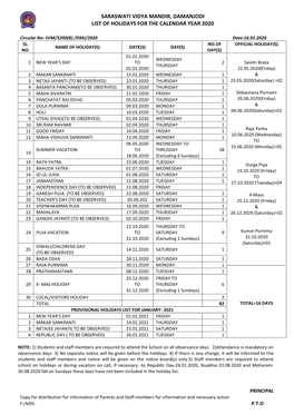 Saraswati Vidya Mandir, Damanjodi List of Holidays for the Calendar Year 2020