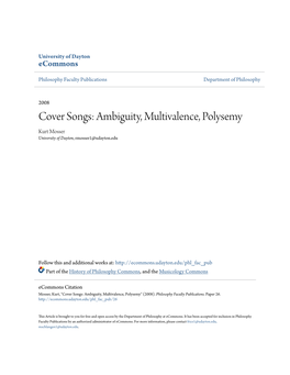 Cover Songs: Ambiguity, Multivalence, Polysemy Kurt Mosser University of Dayton, Rmosser1@Udayton.Edu