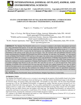 Status and Distribution of Malabar Pied Hornbill Anthracoceros Coronatus in Melghat Tiger Reserve, Maharashtra