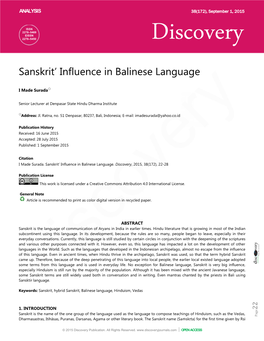 Sanskrit' Influence in Balinese Language