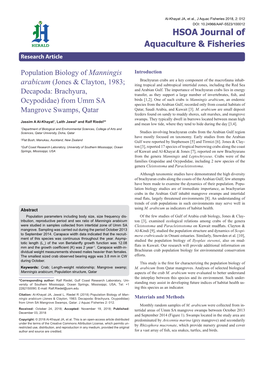 Population Biology of Manningis Arabicum (Jones & Clayton, 1983; Decapoda: Brachyura, Ocypodidae) from Umm SA Mangrove Swamps, Qatar