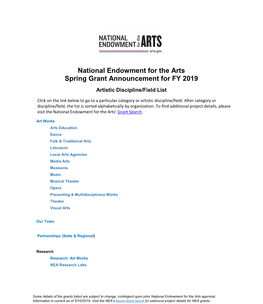 National Endowment for the Arts Spring Grant Announcement for FY 2019