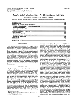 Erysipelothrix Rhusiopathiae: an Occupational Pathogen ANNETTE C