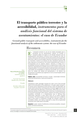 El Transporte Público Terrestre Y La Accesibilidad, Instrumentos Para El Análisis Funcional Del Sistema De Asentamientos: El Caso De Ecuador