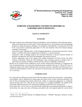 Forensic Engineering Studies on Historical Earthquakes in Romania