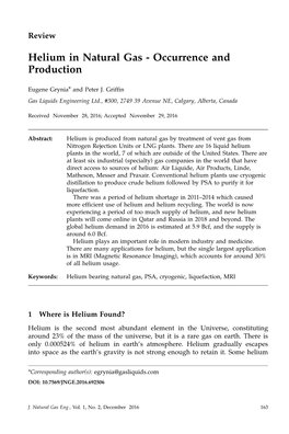 Helium in Natural Gas - Occurrence and Production