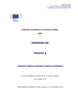 Opinion on Vitamin a (Retinol, Retinyl Acetate and Retinyl Palmitate) and Corrigendum ______