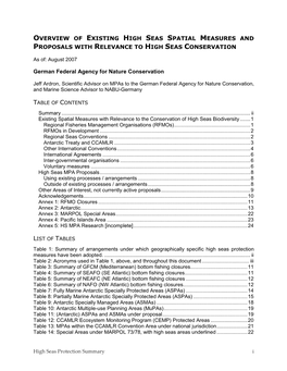 Overview of Existing High Seas Spatial Measures and Proposals with Relevance to High Seas Conservation