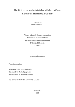 Die SA in Der Nationalsozialistischen »Machtergreifung« in Berlin Und Brandenburg 1926–1934