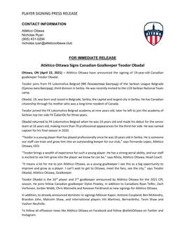 PLAYER SIGNING PRESS RELEASE Atlético Ottawa Signs Canadian