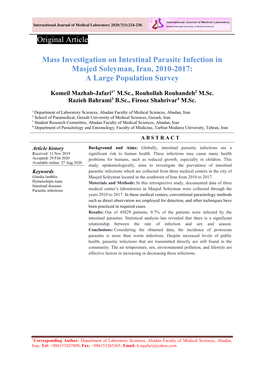 Mass Investigation on Intestinal Parasite Infection in Masjed Soleyman, Iran, 2010-2017: a Large Population Survey