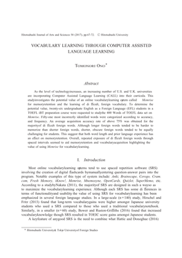 VOCABULARY LEARNING THROUGH COMPUTER ASSISTED LANGUAGE LEARNING Abstract I. Introduction