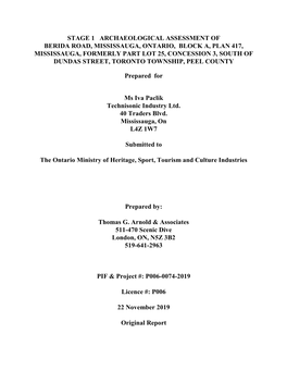 Stage 1 Archaeological Assessment of Berida Road, Mississauga, Ontario, Block A, Plan 417, Mississauga, Formerly Part Lot 25