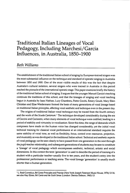 Traditional Italian Lineages of Vocal Pedagogy, Including Marchesi/Garcia Influences, in Australia, 1850-1900