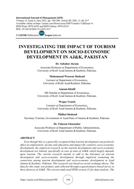 Investigating the Impact of Tourism Development on Socio-Economic Development in Aj&K, Pakistan