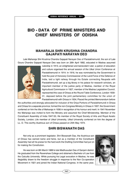 Bio - Data of Prime Ministers and Chief Ministers of Odisha