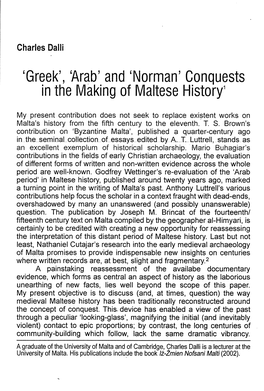 'Arab' and 'Norman' Conquests in the Making of Maltese History1