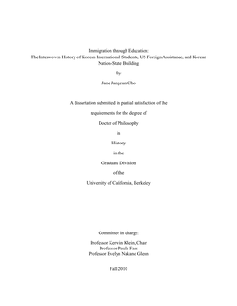 Immigration Through Education: the Interwoven History of Korean International Students, US Foreign Assistance, and Korean Nation-State Building