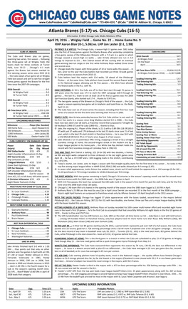 Atlanta Braves (5-17) Vs. Chicago Cubs (16-5)