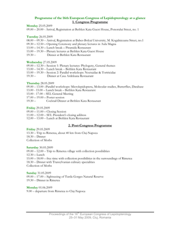 Programme of the 16Th European Congress of Lepidopterology at a Glance 1