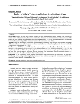 Original Article Ecology of Malaria Vectors in an Endemic Area, Southeast of Iran