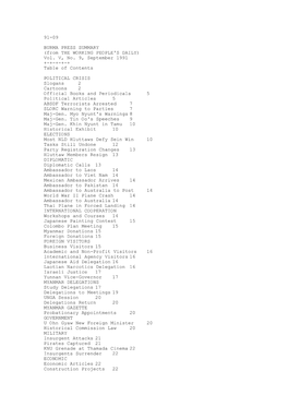 91-09 BURMA PRESS SUMMARY (From the WORKING PEOPLE's DAILY) Vol. V, No. 9, September 1991 +-+-+-+-+ Table of Contents POLITICAL