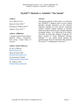 Psyfeld™: Macbeth Vs. Seinfeld's “The Suicide”